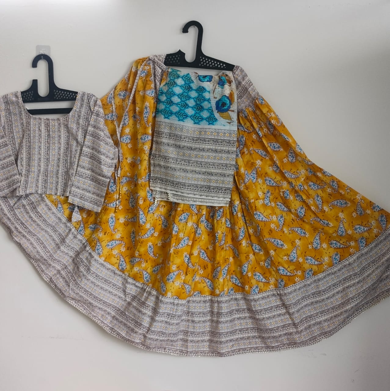 Yellow Grey Printed Traditional Braj Wear Set